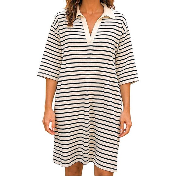 Tuckernuck Cream Black Striped Ashton Polo Collared Shift Mini Dress Size Large - Picture 1 of 7